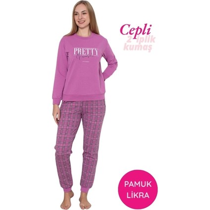 Kadın Bisiklet Yaka Bilek Manşet/lastikli 2 Iplik Pamuk Cepli Kışlık Jogger Eşofman Pijama Takımı