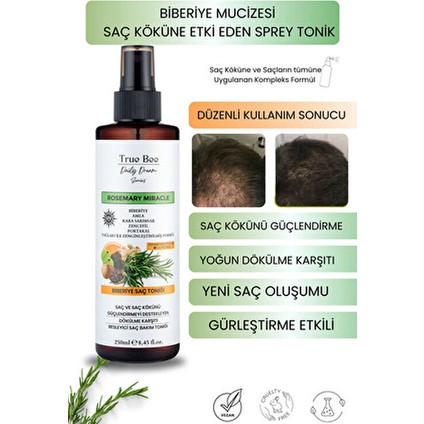 ''True'' Bee Care Biberiye Saç Toniği Dökülmeye Karşı Güçlendirici Etki 250 ml Tüm Saç Tipleri İçin