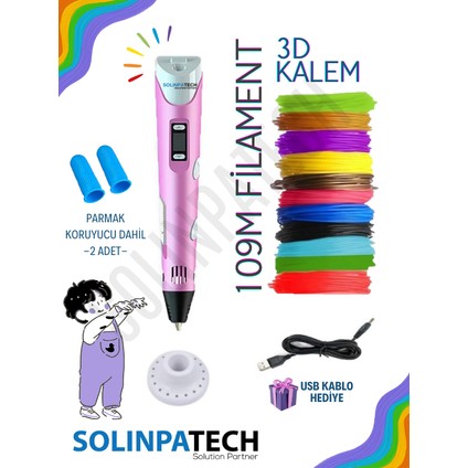 Pembe 3D Pen Üç Boyutlu Yazıcı Kalem Printer (Çok Renkli Filament -109METRE ve USB Kablo Dahil)