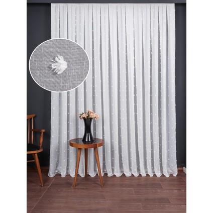 Ponpon Desenli Keten Düz Tül Perde Gramajlı (1/2.5 Normal Pile)