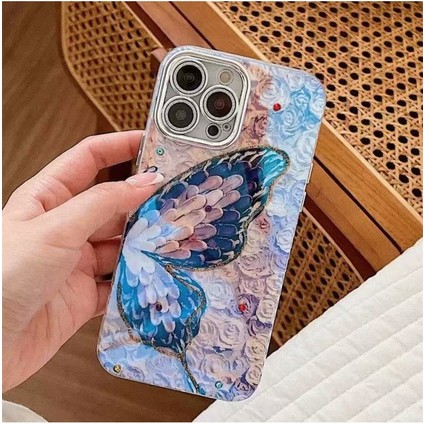 iPhone 11 Kılıf Renk Geçişli Taşlı Kamera Lens Korumalı Simli Mor Kelebek Desenli Darbe Emici modelleri