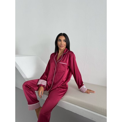 Bordo Saten Uzun Pijama Takımı fırsatları
