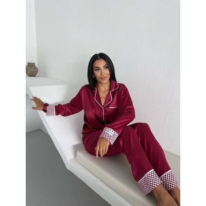 Bordo Saten Uzun Pijama Takımı indirimleri