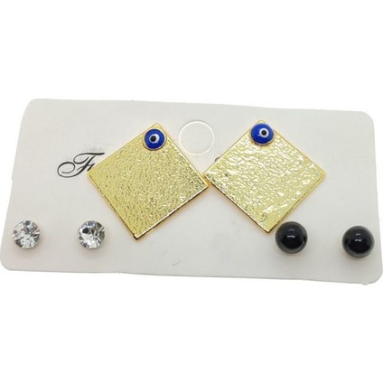 Altın Renk Kare Model Göz Nazar Mineli Kombin Küpe