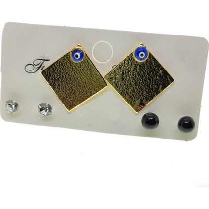 Altın Renk Kare Model Göz Nazar Mineli Kombin Küpe modelleri