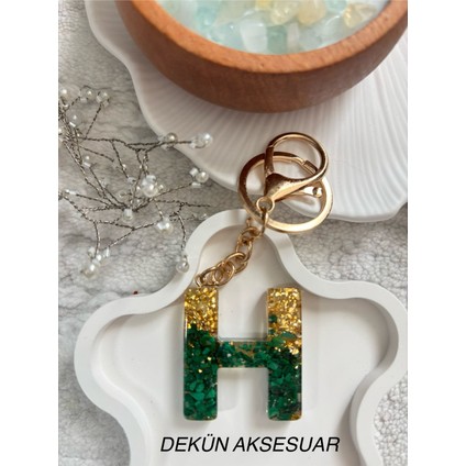 H Harfi Epoksi Yeşil Gold El Yapımı Anahtarlık
