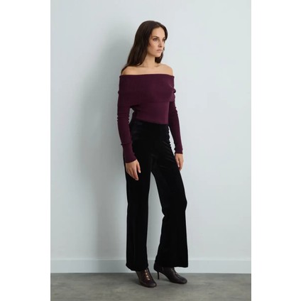 Beli Lastikli Bol Paça Kadife Pantolon - Mürdüm indirimleri