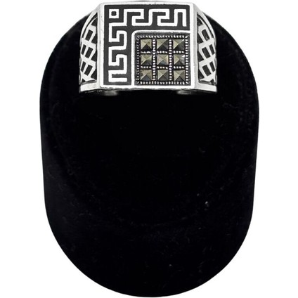 Markazit Taşlı Greg Desenli Kare Gümüş Erkek Yüzük