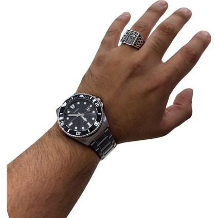 Markazit Taşlı Greg Desenli Kare Gümüş Erkek Yüzük modelleri