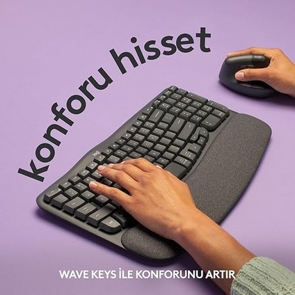 Wave Keys Kablosuz Dolgulu Avuç Içi Destekli Ergonomik Klavye, Konforlu Doğal Yazma, Easy-Switch, Bluetooth, Logi Bolt Alıcı, Çoklu Işletim Sistemleri, Windows/mac Için, Türkçe Q, Siyah modelleri