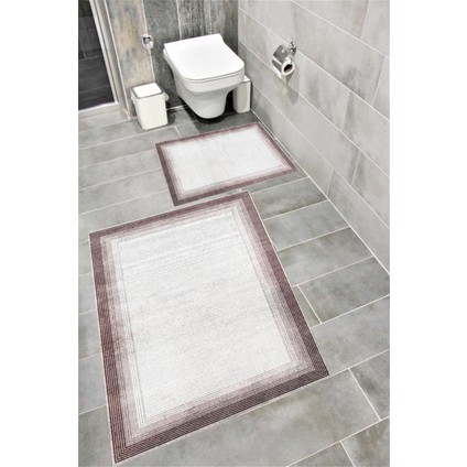 Kaymaz Tabanlı Suya Dayanıklı Dijital Baskılı Banyo Paspası Takımı | Bordo Halı 1509