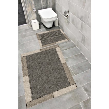 Kaymaz Tabanlı Suya Dayanıklı Dijital Baskılı Banyo Paspası Takımı | Bordo Halı 1500