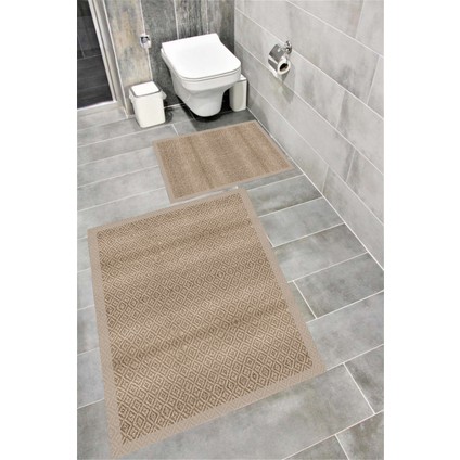 Kaymaz Tabanlı Suya Dayanıklı Dijital Baskılı Banyo Paspası Takımı | Bordo Halı 1677