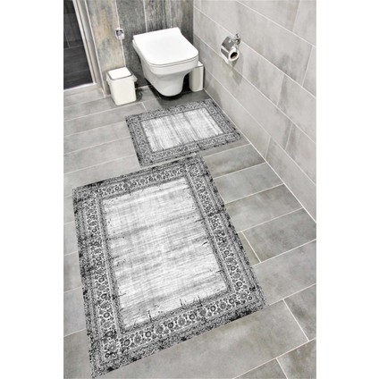 Kaymaz Tabanlı Suya Dayanıklı Dijital Baskılı Banyo Paspası Takımı | Bordo Halı 1636