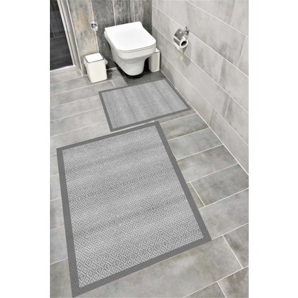 Kaymaz Tabanlı Suya Dayanıklı Dijital Baskılı Banyo Paspası Takımı | Bordo Halı 1408