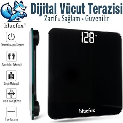 Bluefox Dijital Banyo Tartısı - 180 kg Kapasite Baskül, Büyük LED Ekran, Temperli Cam Yüzey, Hassas Ölçüm, Step-On Teknolojisi, Enerji Tasarrufu, Modern ve Minimalist Tasarım, 3 Yıl Garanti