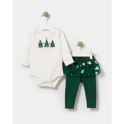Kız Bebek Pamuklu Beyaz Noel Temalı Body ve Bebek Tül Etekli Tayt Takım