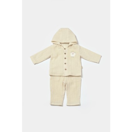 Unisex Bebek Pamuklu Bej Kuzu Nakışlı Düğmeli Müslin Takım - Organik Kumaşlı modelleri