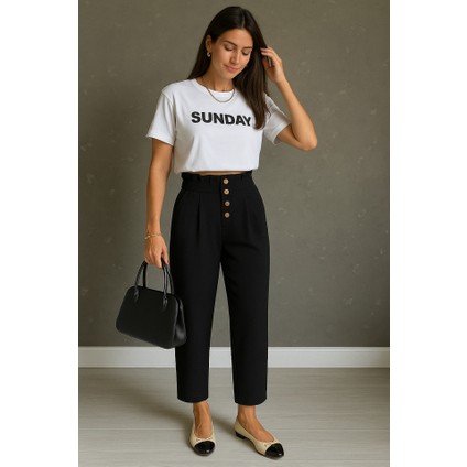 Kadın Yüksek Belli Önden Düğmeli Ithal Keten Pantolon