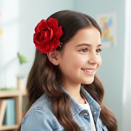 Çocuk Kırmızı Saten Gül Klips Toka