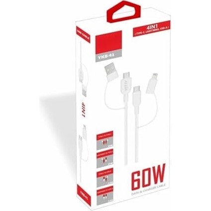 Yetty 60W 4in1 Type-C,,usb-A ve Hızlı Şarj Kablosu 1.2m Beyaz YKB-41B (Yerli Üretim) modelleri