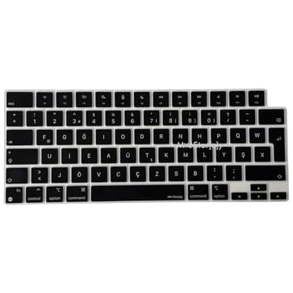 MacBook Klavye Koruyucu Türkçe F-Dizayn Yeni-F Baskılı Uk-Ters L Enter Tipi Air 13,6-15,3inç- Pro 14,2-16,2inç M1-M2-M3-M4 Pro Max Uyumlu, Silikon Ince Hafif Ultra Ince Tasarım Siyah modelleri
