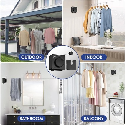 Geri Çekilebilir Çamaşır Kapalı Iç Mekan Açık Havada 14FT Ağır Iş Kıyafetleri Kurutma Çamaşır Hattı Duvara Monte Clothesline Siyah (Yurt Dışından) modelleri