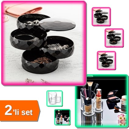360 Derece Dönebilen 4 Katlı Takı + Makyaj Organizeri Şeffaf 3 Gözlü - 2li Set S1E7B9