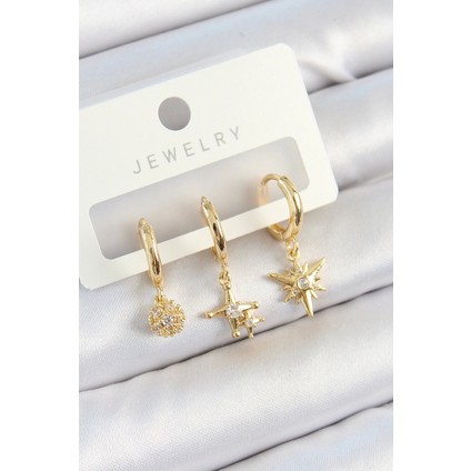 Bfs Pirinç Zirkon Taşlı Yıldız Model Gold Renk 3'lü Çift Kadın Küpe Set