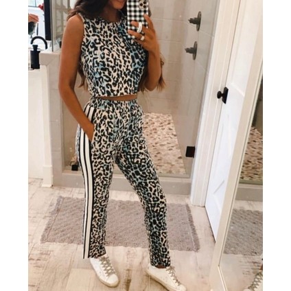 Kadın Dalgıç Kumaş Dijital Leopar Baskılı Şerit Detaylı Takım