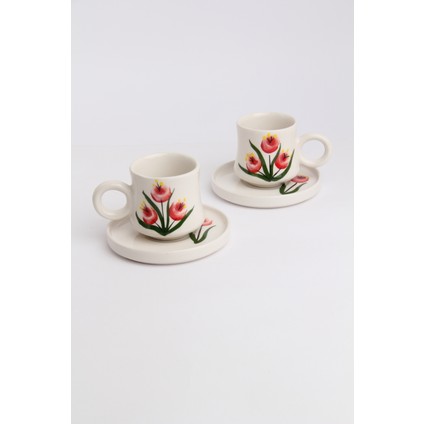 2’li Takım Tomurcuk Desenli El Yapımı Kazan Seramik Kahve Fincanı, Kahve Fincanı, Hand Made