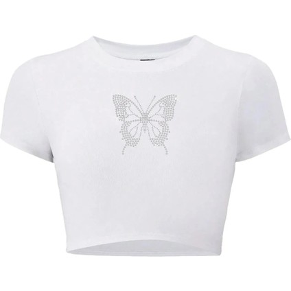 Kadın Kelebek Kristal Taş Baskılı Crop T-Shirt Beyaz