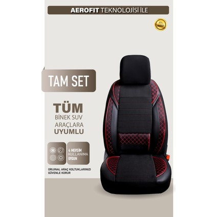 Mazda 3 Uyumlu Yarı Deri Oto Koltuk Kılıfı Ön/arka Set Neta Seri Siyah-Kırmızı