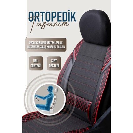 Mazda 3 Uyumlu Yarı Deri Oto Koltuk Kılıfı Ön/arka Set Neta Seri Siyah-Kırmızı
