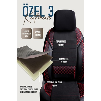 Mazda 3 Uyumlu Yarı Deri Oto Koltuk Kılıfı Ön/arka Set Neta Seri Siyah-Kırmızı