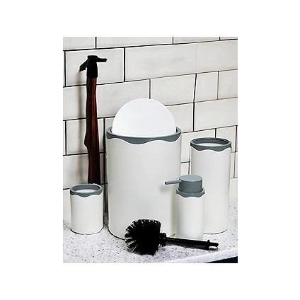 Mta Hi̇gh-Tech Azra Akrilik 5 Parça Banyo Seti, Beyaz-Mat Gümüş, Çöp Kovası/tuvalet Fırçası/t