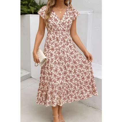 Kadın Kısa Kollu Kruvaze Yaka Beli Lastikli Çiçek Desenli Elbise