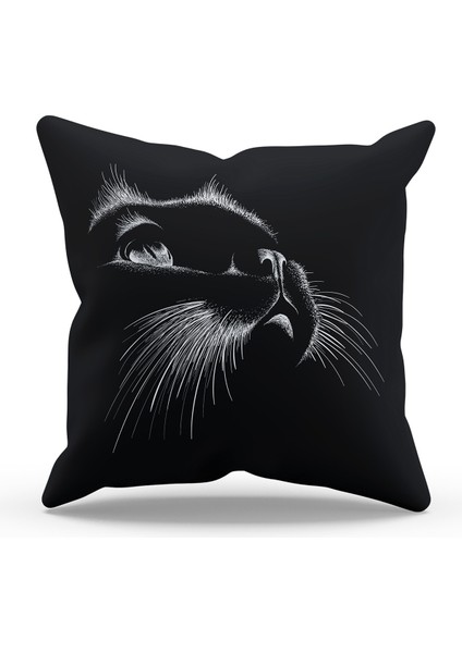 Çift Tarafı Baskılı Cat Line Desenli Tekli Süet Kırlent Kılıfı