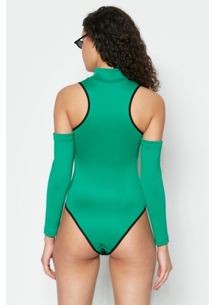 Pencere Detaylı Uzun Kollu Bodysuit 9154 Yeşil