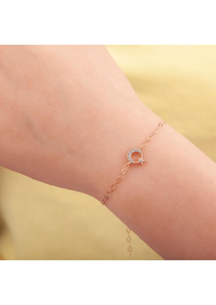 Rose Renk Zirkon Taşlı 925 Ayar Gümüş Minimal Ayyıldız Bayan Bileklik
