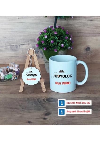 Kişiye Özel Odyolog Kupa Bardak Beyaz ve Anahtarlık Hediye Sepeti Odyologa Tıp Bayramı Hediyesi