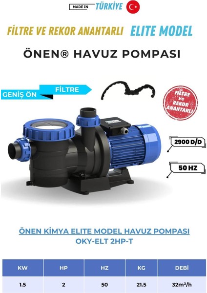 Önen Kimya 0.75-1-1.5-2-3 HP Monofaze-Trifaze Filtre ve Rekor Anahtarlı Elite Model Havuz Pompası