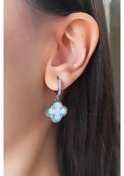 Kadın Vip Seri Zirkon Taşlı Sedefli Yonca Model Klipsli 2'li Set Küpe