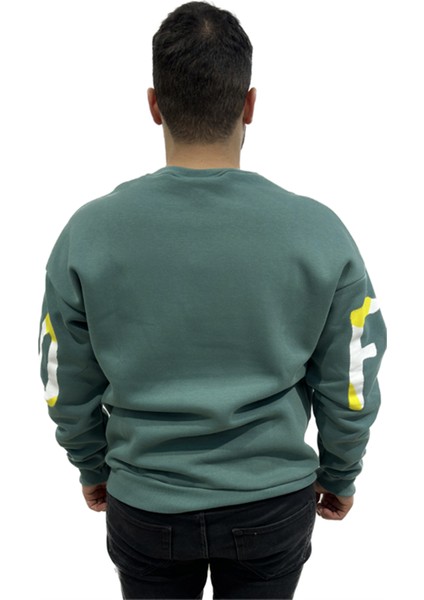 Erkek Sıfır Yaka Baskılı Oversize Sweatshırt Yeşil fırsatları