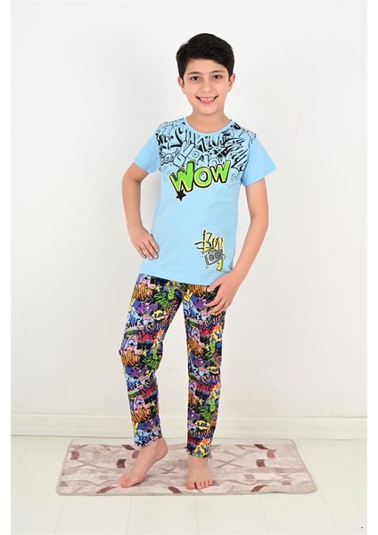 Erkek Çocuk Kısa Kollu Pijama Takımı Wow Model Mavi