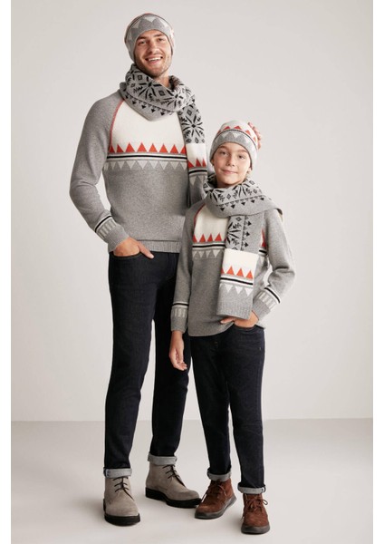 Desenli Kaşmir Karışım Gri Çocuk Atkı