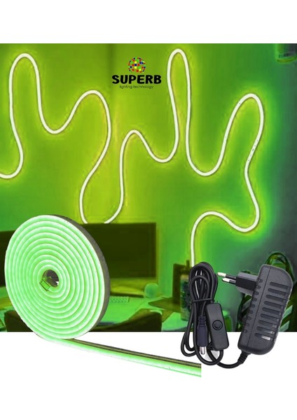 Sb-6503 2.5 Metre Neon LED Yeşil Işık Aç Kapa Butonlu Adaptörlü Şerit LED