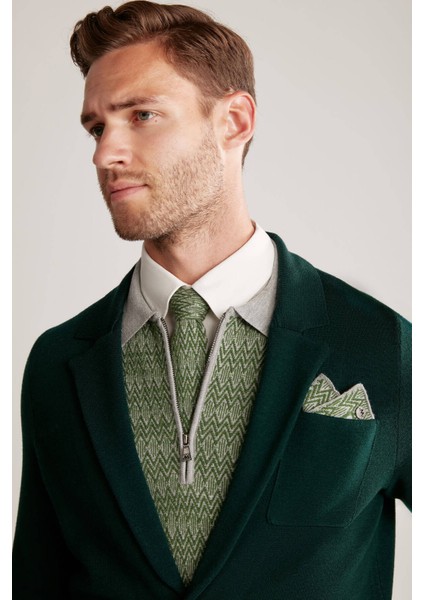 Çizgi Desenli Ipek Karışım Gri-Yeşil Örgü Kravat