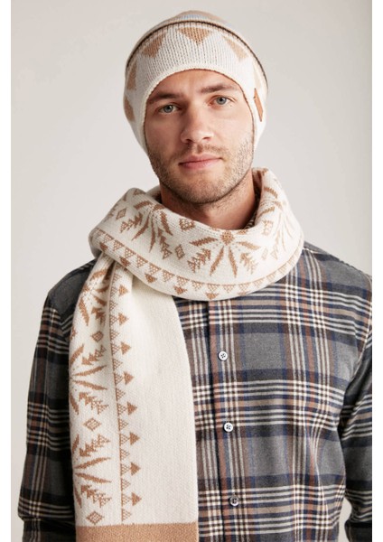 Desenli Kaşmir Karışım Ekru Atkı