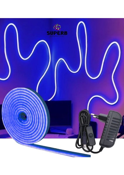 Sb-6535 5 Metre Neon LED Mavi Işık Aç Kapa Butonlu Adaptörlü Şerit LED